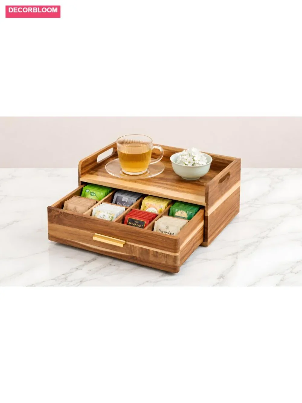 Acacia Wood Tea Bag Organizer with Storage Drawer Tea Caddy